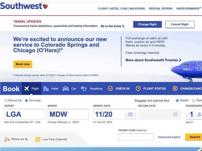 Southwest Airlines: Start by searching for a flight as you normally would from the airline