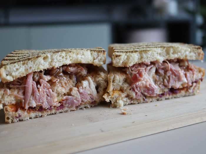 Despite the fact that the bottom layer had somewhat collapsed, all the textures worked beautifully together: the crusty toasted sourdough, the juicy meat, the crisp and crunchy cabbage.