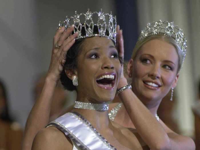 Shauntay Hinton took home the title of Miss USA 2002 wearing a one-shoulder dress.