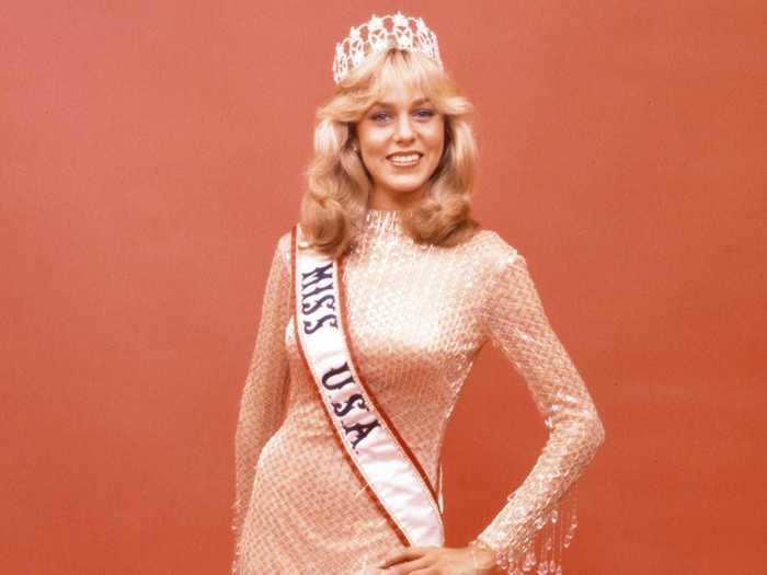 Shawn Weatherly was crowned Miss USA 1980 in a peach-colored, crystal-encrusted gown.