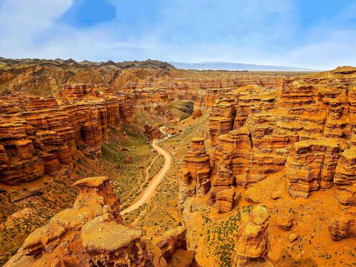 Charyn Canyon, with its unique rock formations, is one of Azhibayeva