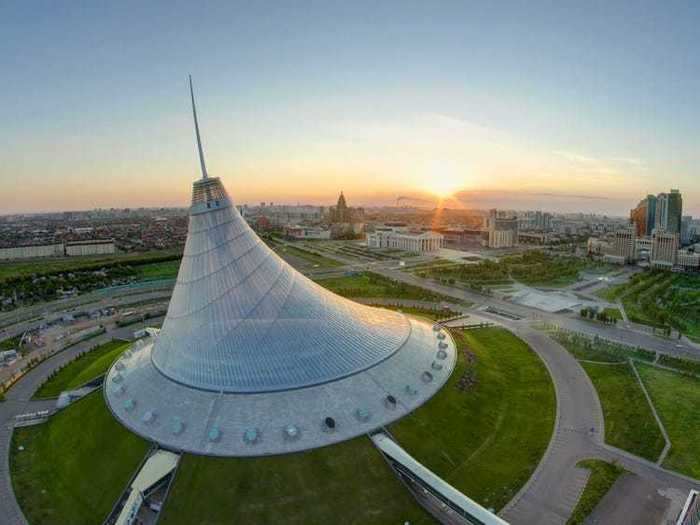 Also in Nur-Sultan is Khan Shatyr, designed by famous British architect Norman Foster. The giant transparent tent is home to a park, a river, a beach, and shopping.