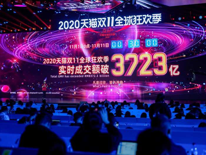 A giant board kept track of spending over the 24-hour event, with more than $56 billion, or RMB 372.3 billion, in sales by 12:30 a.m. on November 11.