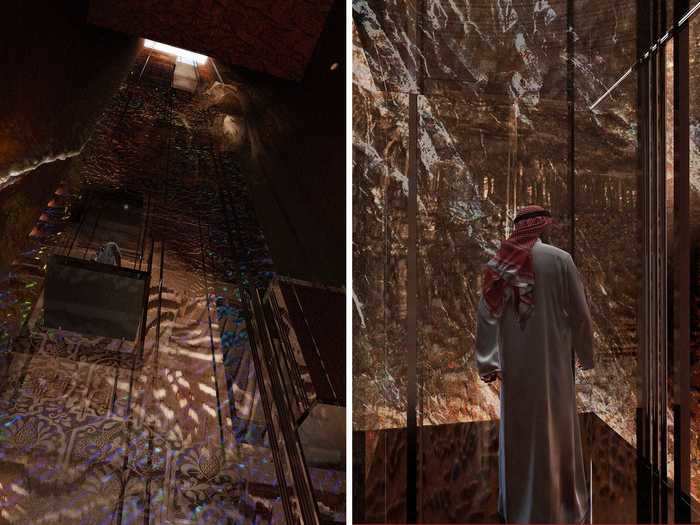 A glass elevator will take guests through the heart of the hotel ...