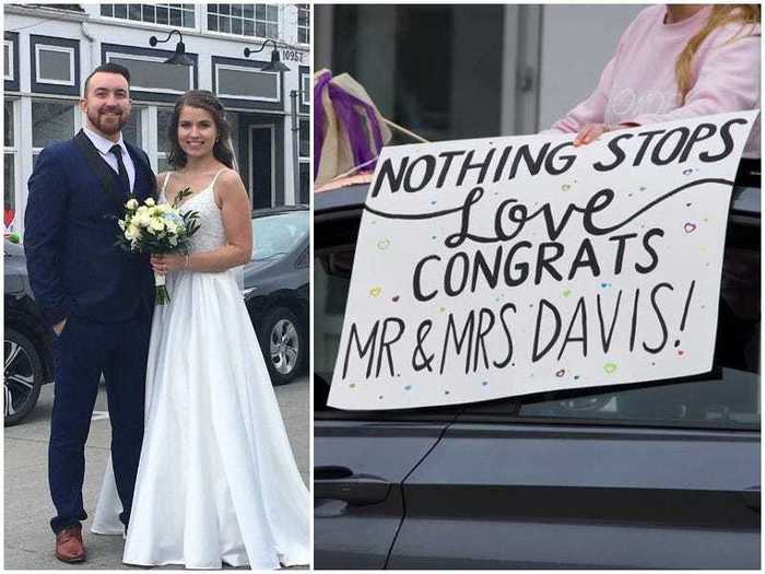 When a couple downsized their wedding and got married at home, their entire neighborhood surprised them by celebrating from their cars.