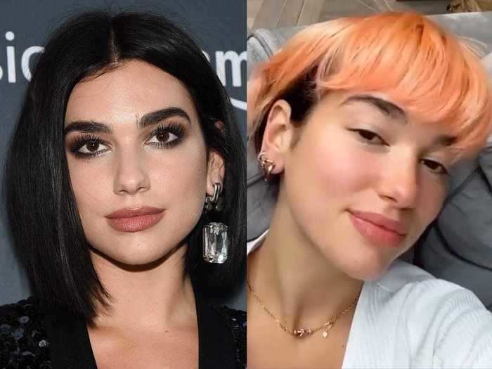 Dua Lipa also dyed her hair orange, but she gave herself bangs too.