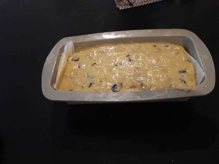 The final step was to pour the mixture into a loaf container and place it in the oven.