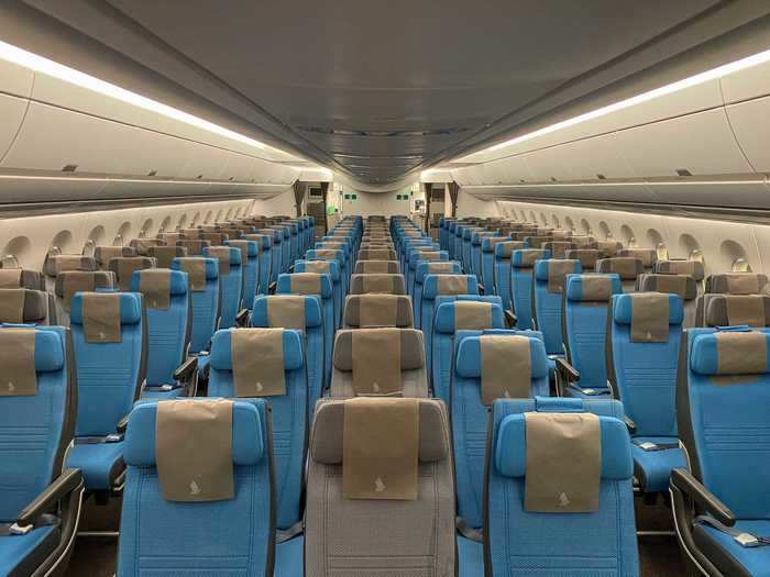 The larger rear cabin houses the final 16 rows with 136 seats in total.