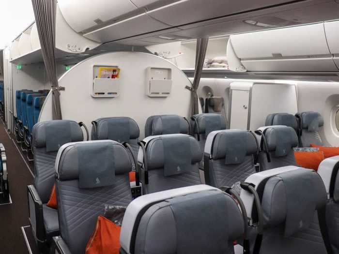 Only 28 seats can be found in this cabin, arranged in a standard 2-4-2 configuration.