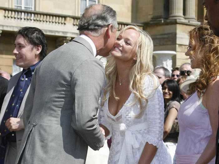 2006: Prince Charles greets former Spice Girls Emma Bunton and Geri Halliwell during a garden party at Buckingham Palace to celebrate the 30th anniversary of the Prince