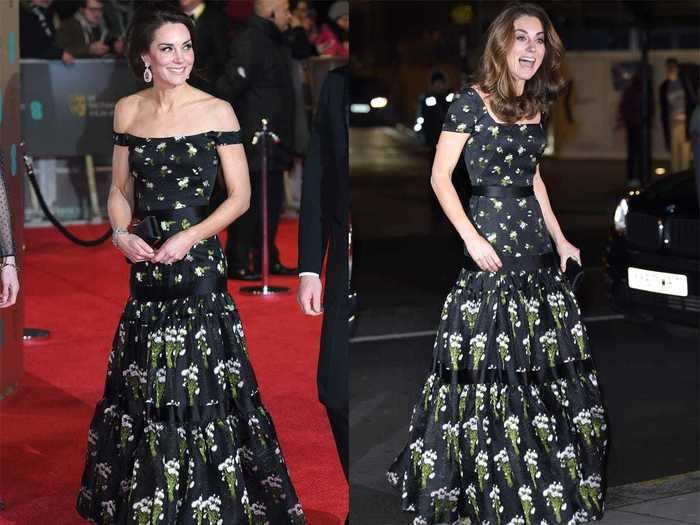 Middleton has won this floral Alexander McQueen gown to two different events, though with a slight alteration the second time.