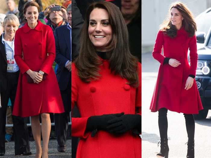 The duchess has worn this red coatdress by Carolina Herrera three times.