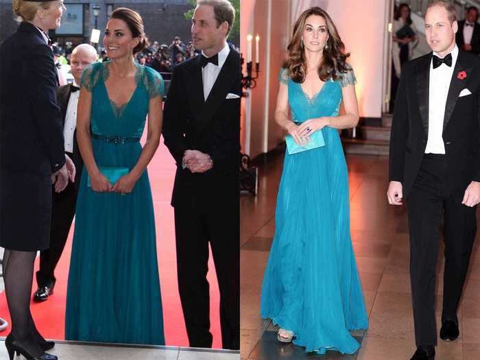 Middleton wore this teal Jenny Packham gown in May 2012 and November 2018.