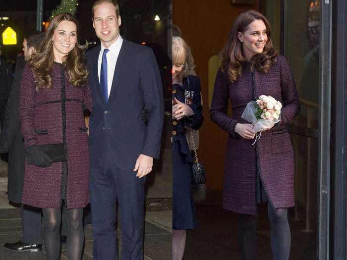 She wore this purple coat with black velvet trim by Séraphine on a trip to New York City in 2014 and while visiting the Rugby Portobello Trust in 2017.