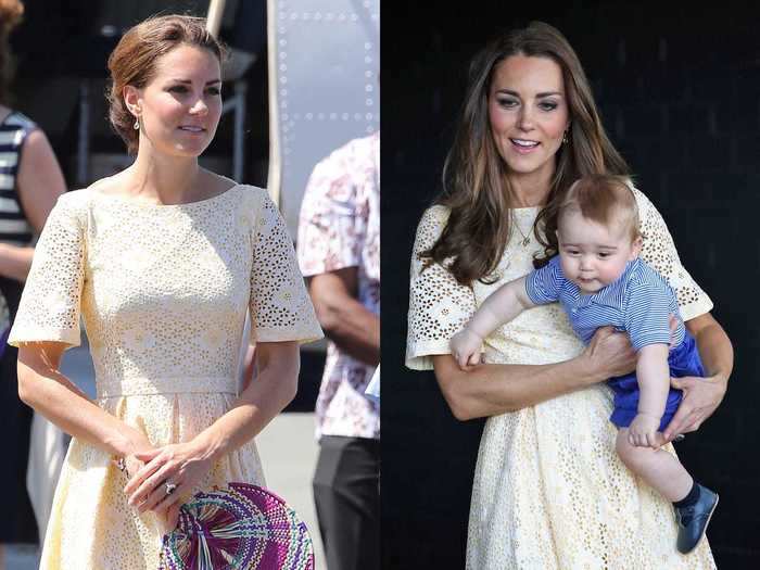 She wore this sunny, pale yellow frock on international trips in 2012 and 2014.