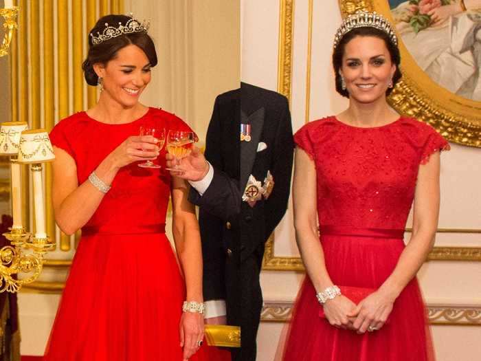 The tiaras here are different, but Middleton wore the same Jenny Packham gown for a 2015 dinner in China and a 2016 reception at Buckingham Palace.