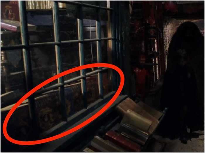 Hardcover editions of the Harry Potter books can be seen on the shelves in Diagon Alley