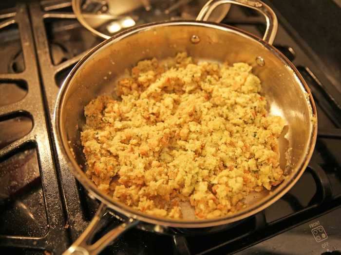 Prep the bread for the stuffing the night before, then combine all the ingredients on Thanksgiving day.