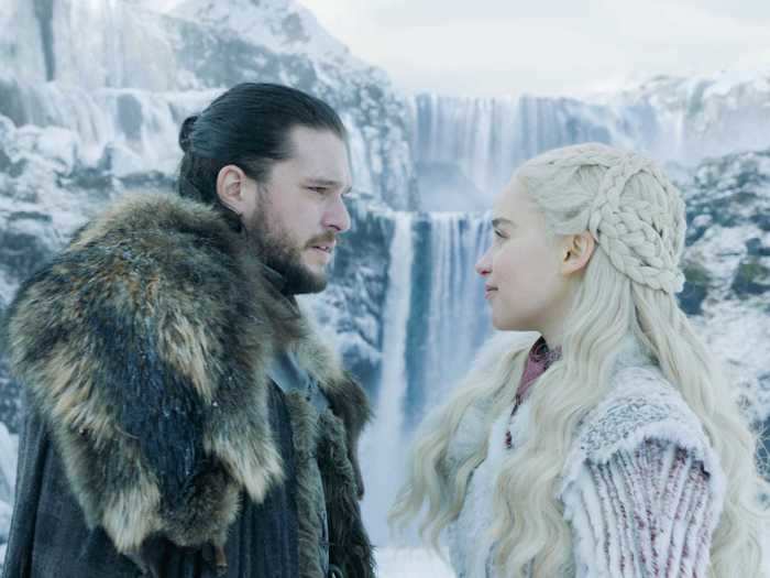 Jon and Daenerys had a semi-romantic moment by a cave and waterfall.