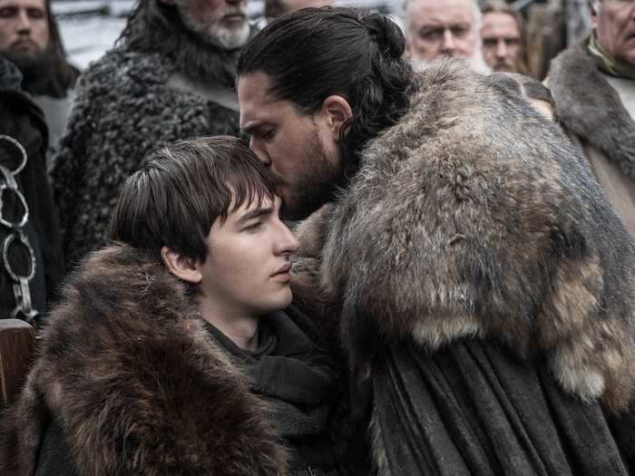 Jon greeted Bran with a kiss on top of his head — mirroring the exact way he said goodbye to him back on season one.