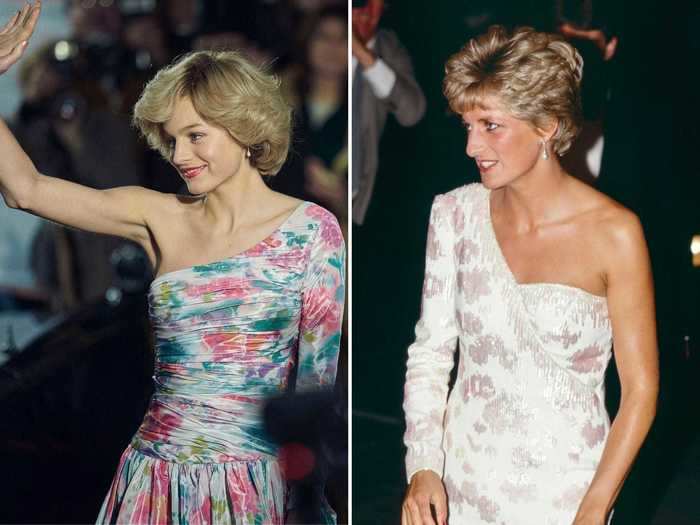 A one-shoulder floral dress worn by Corrin in "The Crown" is a nod to a quintessential Princess Diana silhouette.