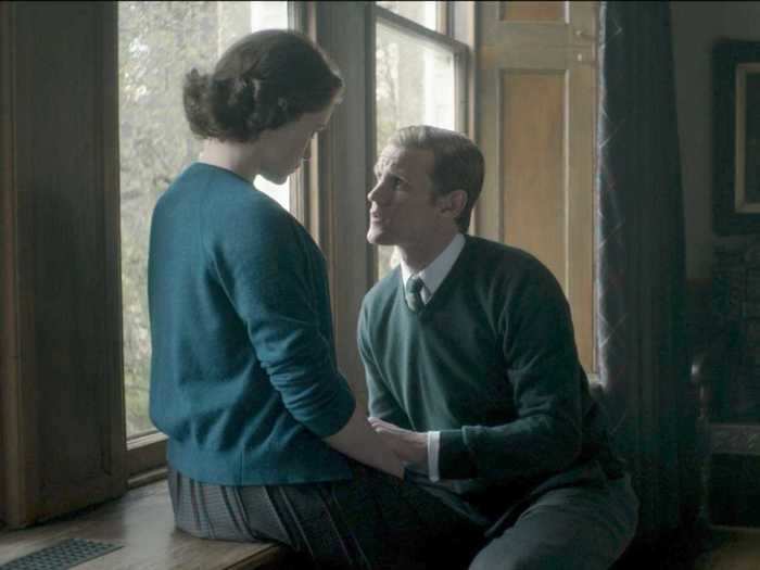 Queen Elizabeth and Prince Philip both wear deep-green sweaters for their reconciliation scene.