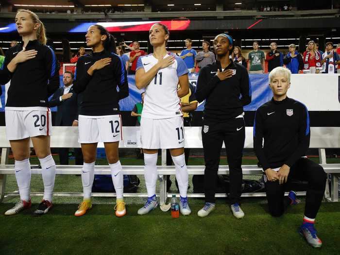 Rapinoe was famously one of the first white athletes to kneel in solidarity with Colin Kaepernick as a form of protest against police brutality, and the move nearly cost her her future with the USWNT.