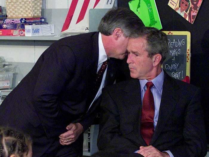 In a now-famous photograph, President Bush received the news about the 9/11 terrorist attacks while visiting an elementary school.