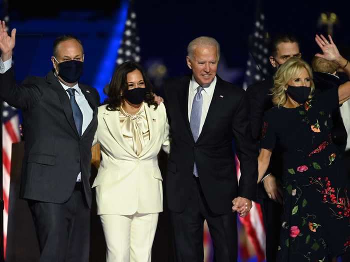 November 7: President-elect Joe Biden and Vice President-elect Kamala Harris stood with their spouses after delivering victory speeches in Wilmington, Delaware.