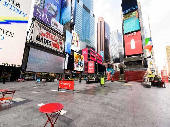 August 27: Usually packed with tourists, Times Square sat empty during New York City