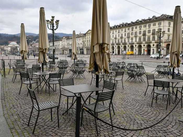March 12: Chairs sat empty at the deserted Piazza Vittorio during Italy