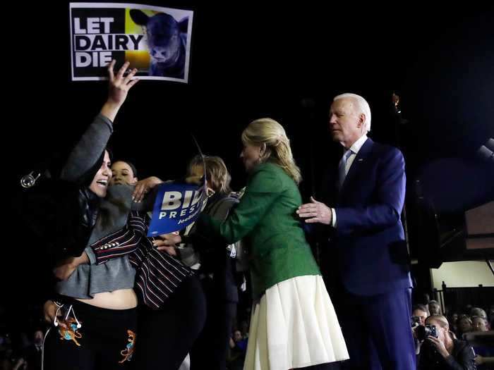 March 3: Jill Biden fended off protesters at a Super Tuesday rally.