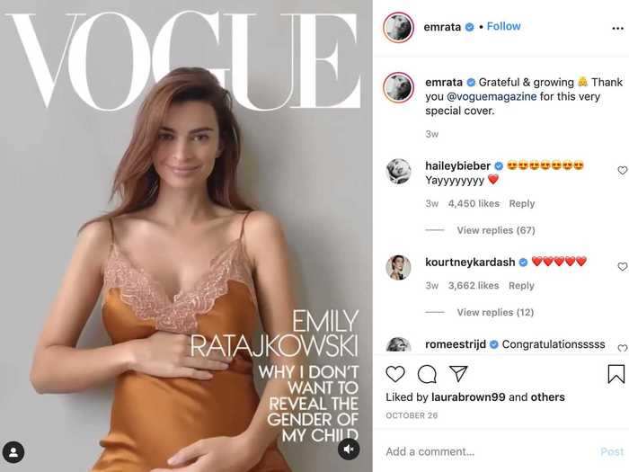 Emily Ratajkowski announced her pregnancy in an orange slip dress with lace details on the cover of Vogue.