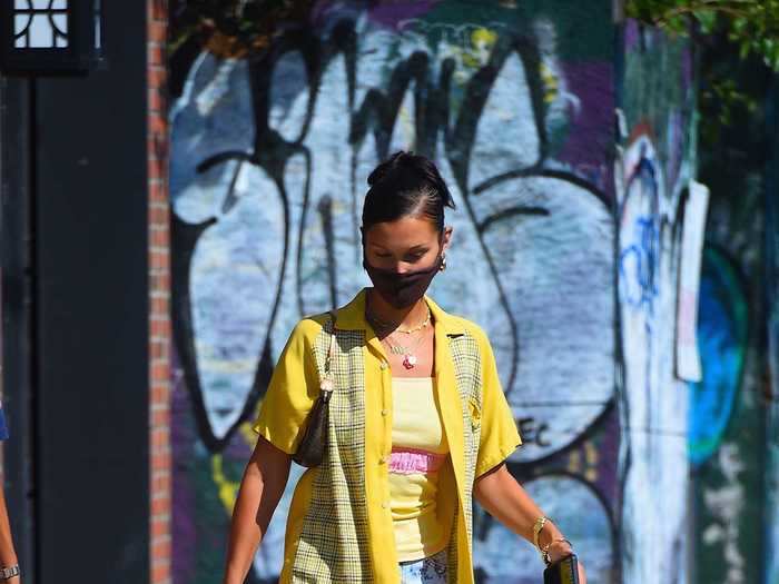 The model wore a pair of paisley jeans while in New York City in July.