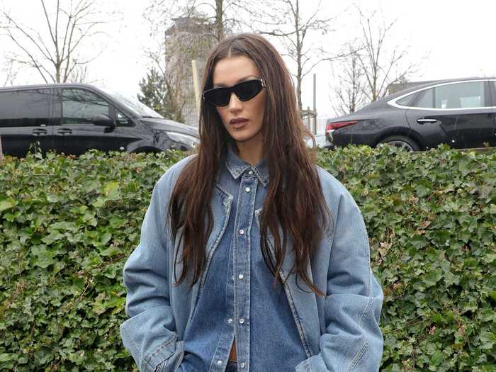 Hadid wore an all-denim outfit to Balenciaga