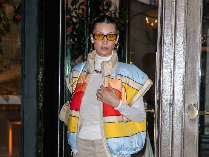 During Paris Fashion Week in February, Hadid was photographed wearing a colorful puffer vest.