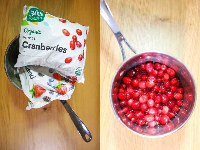 I bought one bag of frozen whole cranberries and one bag of frozen mixed berries and used half of each.