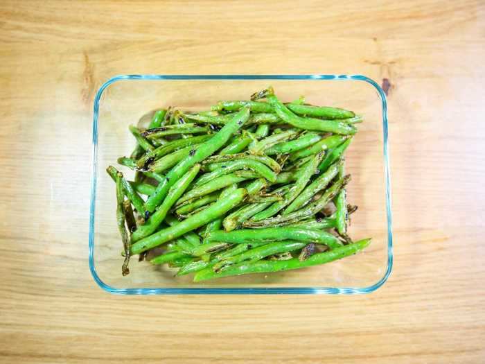 I love having a green veggie on the table, so I used a single 12-ounce bag of trimmed green beans.