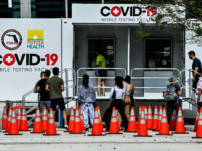 People lined up at a walk-up COVID-19 testing site in Miami Beach, Florida, on November 17, 2020.