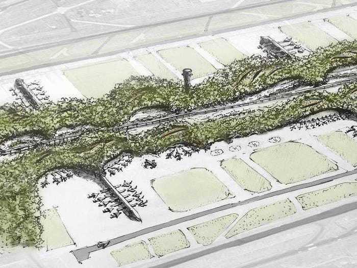 The relationship with nature is more pronounced at airports in regions that struggle with their carbon footprint, including this design for an overgrown Indira Gandhi International Airport in India.