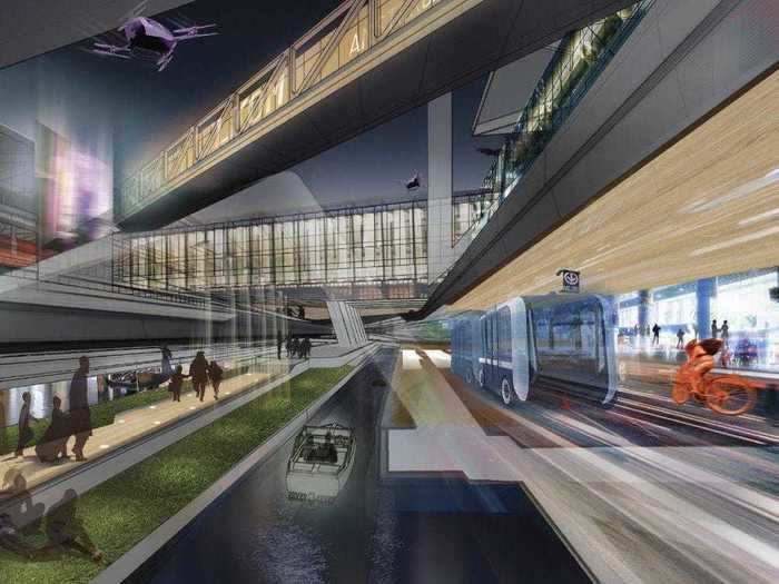 A design for a new Amsterdam Airport Schiphol calls for expanded canal access for travelers to arrive by boat, similar to Venice