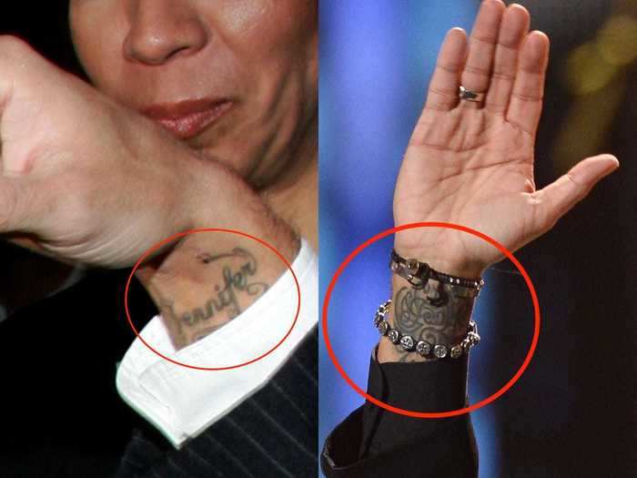 Marc Anthony paid tribute to his then-wife Jennifer Lopez with her name on his wrist, but after their split he covered it with a tribal design.