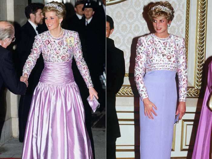 Princess Diana rewore a Catherine Walker gown that was altered to include a fitted skirt.