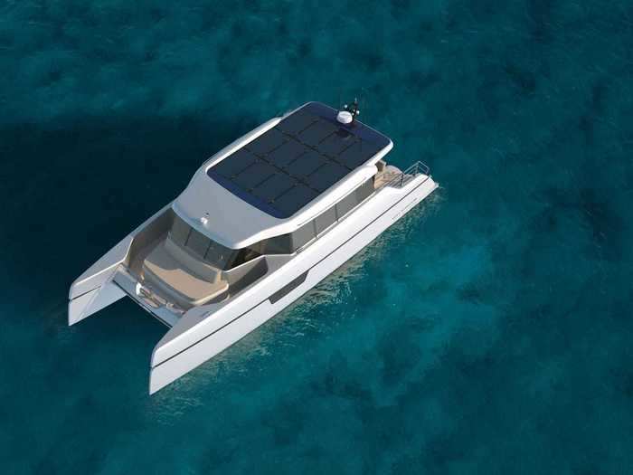 The yacht is completely free of fossil fuels, with rooftop solar panels and a custom battery system.