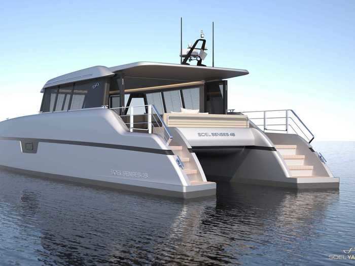 Each hull has a double bed and en suite bathroom, with extra space in the salon for guests.