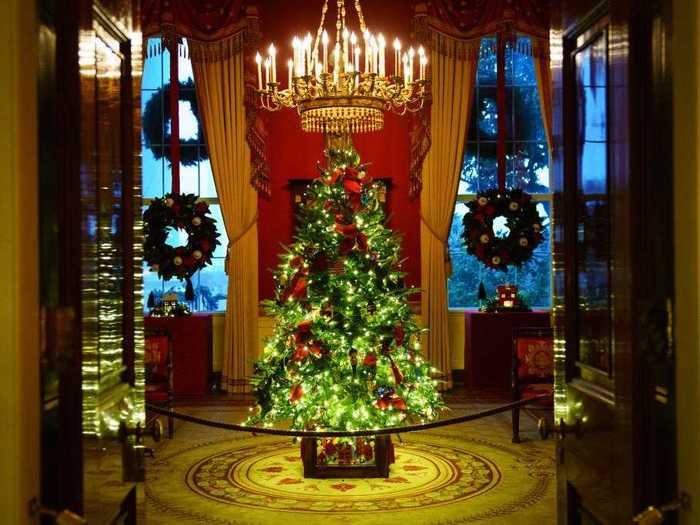 Handmade ornaments in the Red Room honor "America