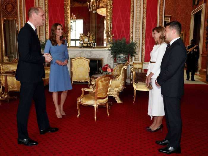 Middleton wore a blue Alexander McQueen dress to meet with the president and first lady of Ukraine.