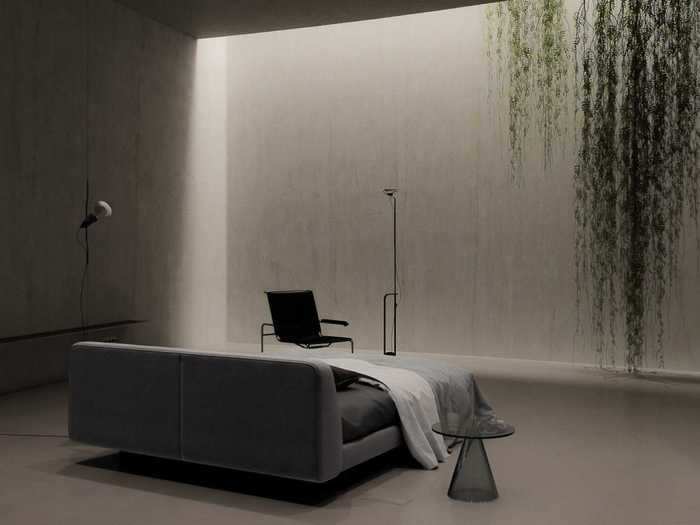 One master bedroom faces a vine-draped wall that looks as if it