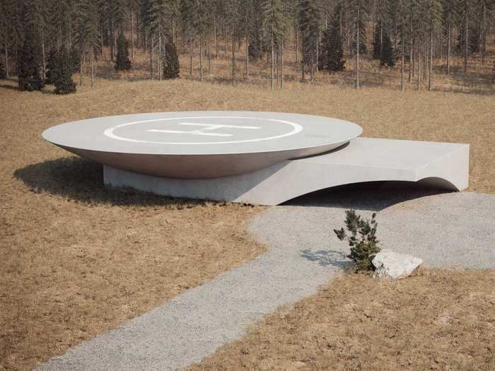 Called "Underground House Plan B," the autonomous concrete bunker is shaped like a flying saucer and comes with a rooftop helipad.