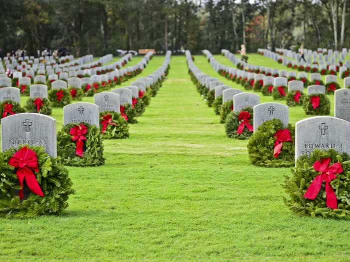Wreaths Across America lays holiday wreaths on every single grave in Arlington National Cemetery in Washington, DC.